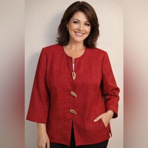 NWOT Anna Maxwell Red Textured Jacket w/ Wooden Buttons Plus Size 16WP